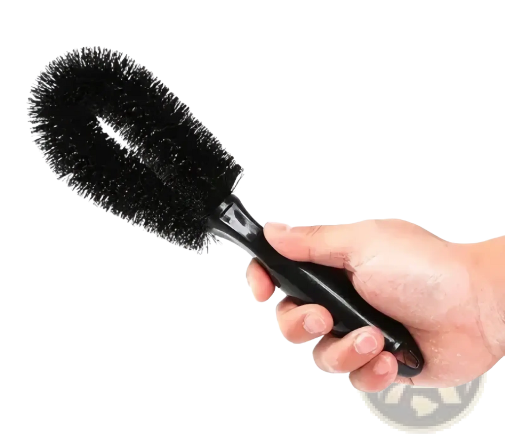 Black plastic microfiber car wheel cleaning brush with dense stiff bristles for effective cleaning use