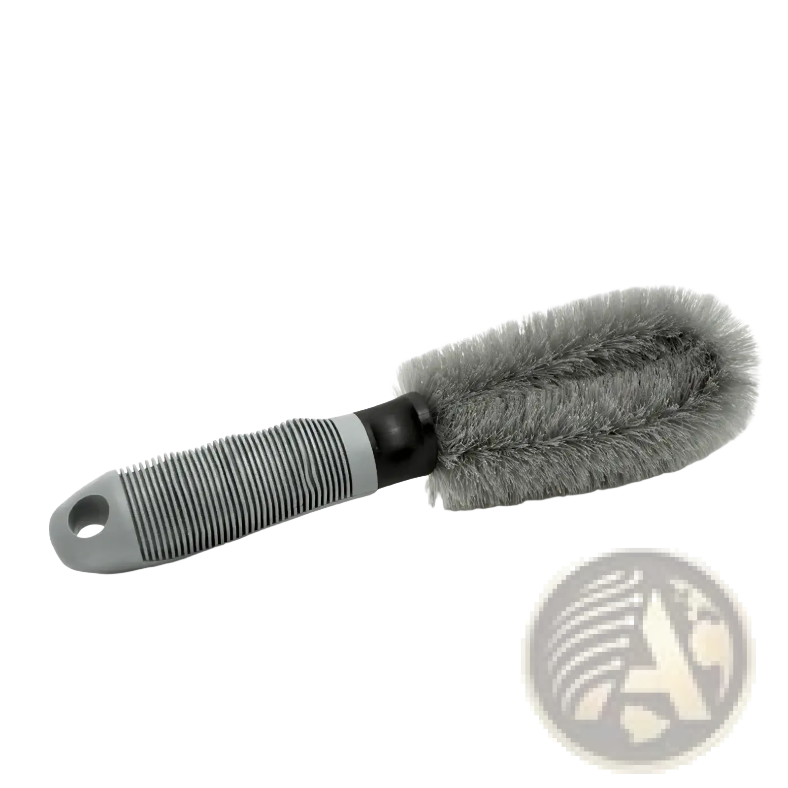 Gray bristle microfiber car wheel cleaning brush with textured grip handle for effective wheel cleaning