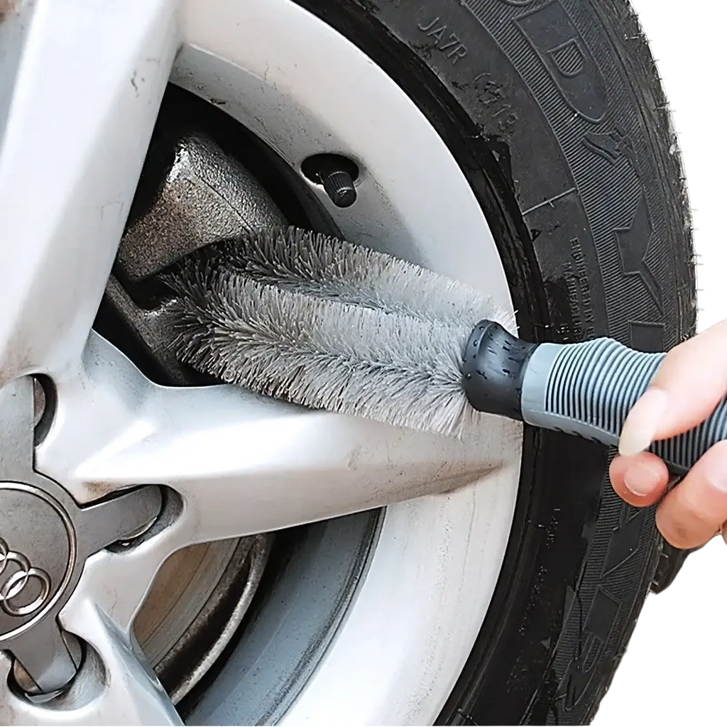 Gray bristle wheel brush with black and gray textured grip designed for microfiber car wheel cleaning use
