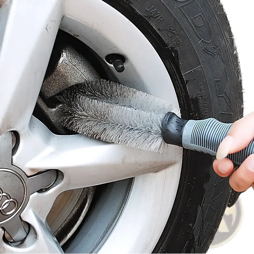 Gray bristle wheel brush with black and gray textured grip designed for microfiber car wheel cleaning use