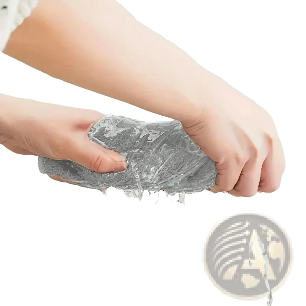 Gray textured microfiber sponge being squeezed under running water from absorbent kitchen towels set