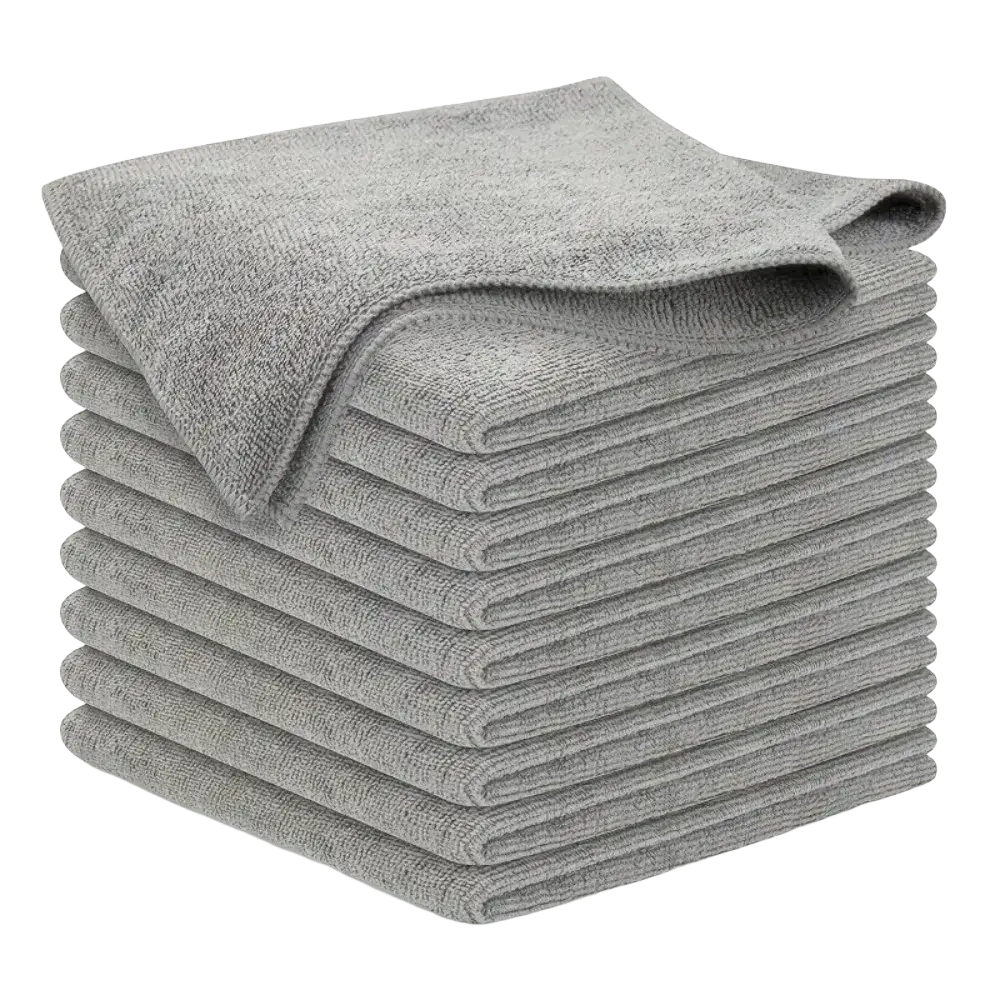 Stack of gray microfiber cleaning cloths absorbent kitchen towels ideal for versatile household cleaning tasks