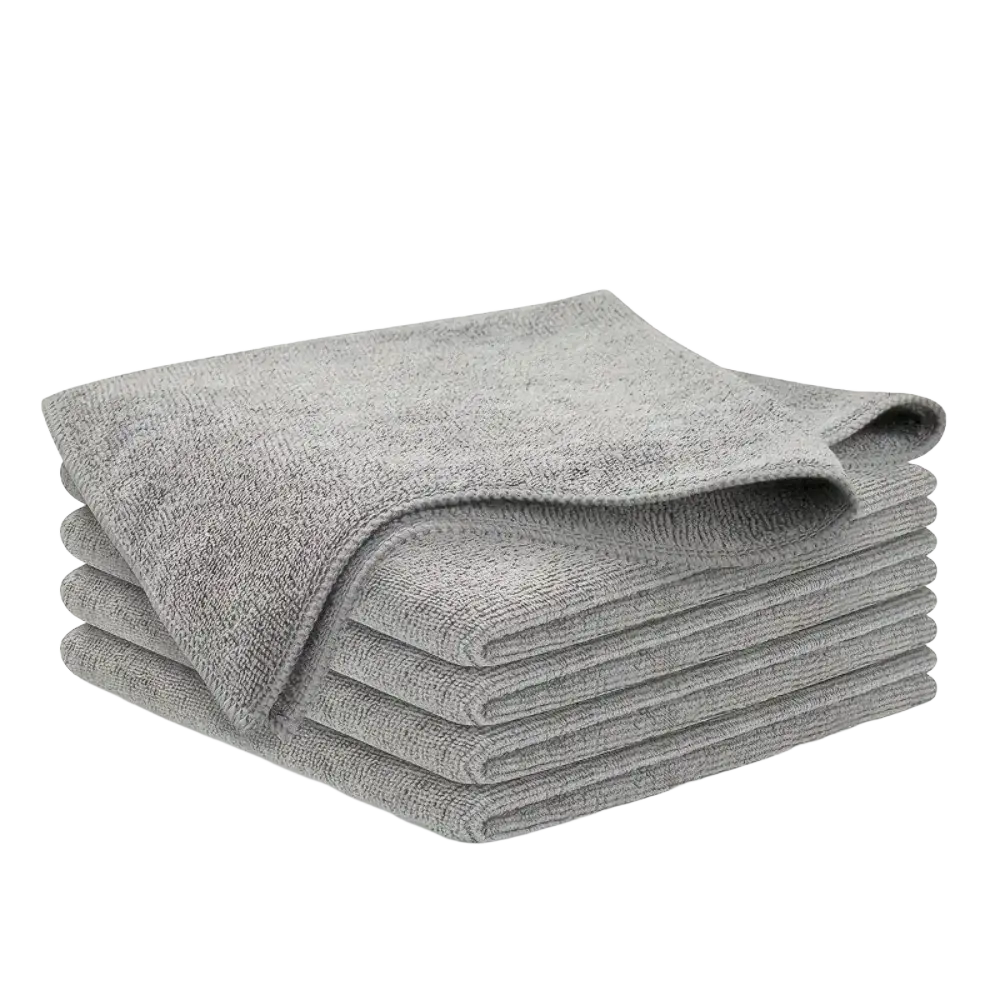 Stack of soft gray microfiber cleaning cloths from absorbent kitchen towels set for effective cleaning tasks