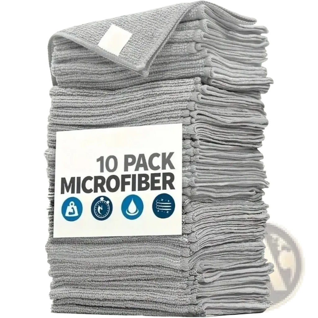 A stack of ten gray microfiber cleaning cloths neatly folded absorbent kitchen towels set with quantity label