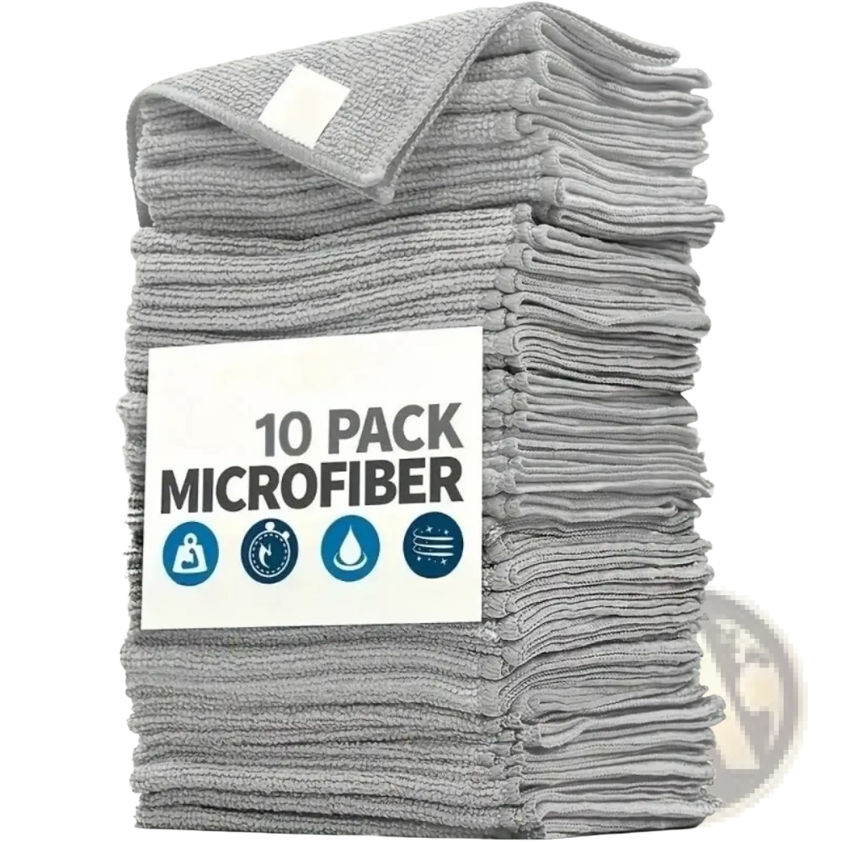 A stack of ten gray microfiber cleaning cloths neatly folded absorbent kitchen towels set with quantity label
