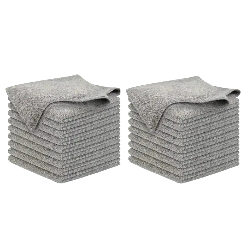 Stacks of soft gray microfiber cleaning cloths showcasing absorbent kitchen towels for efficient cleaning tasks
