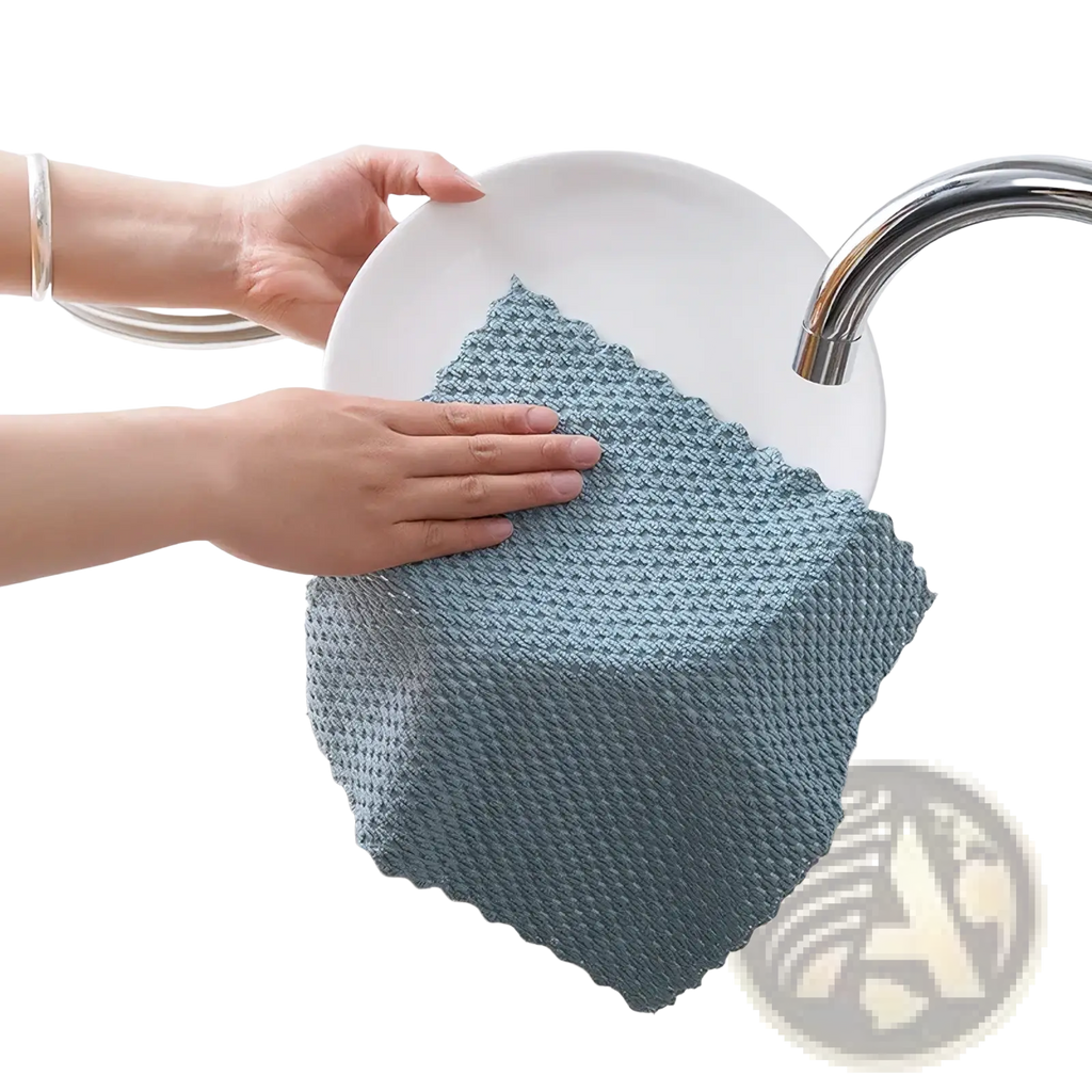 Blue microfiber kitchen cleaning cloth super absorbent rag wiping a white plate under running water
