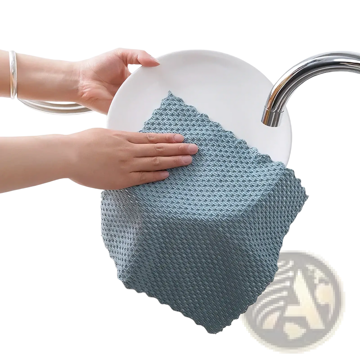 Blue microfiber kitchen cleaning cloth super absorbent rag wiping a white plate under running water