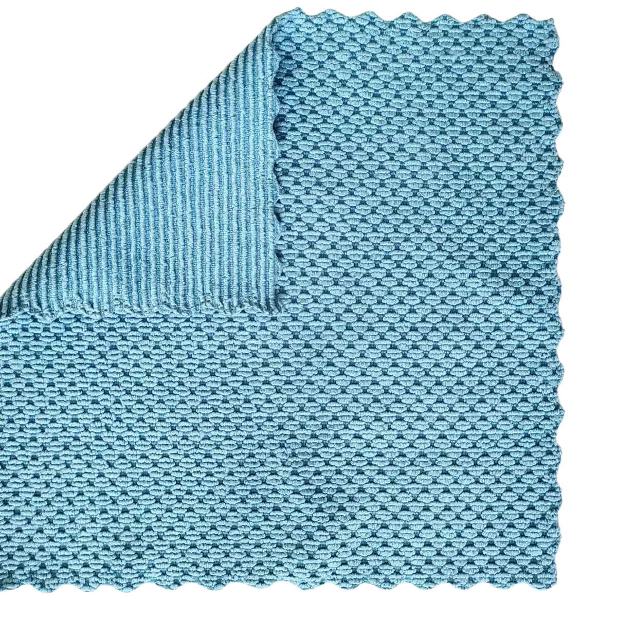 Microfiber kitchen cleaning cloth in light blue with textured knitted fabric scalloped edge and ribbed interior lining