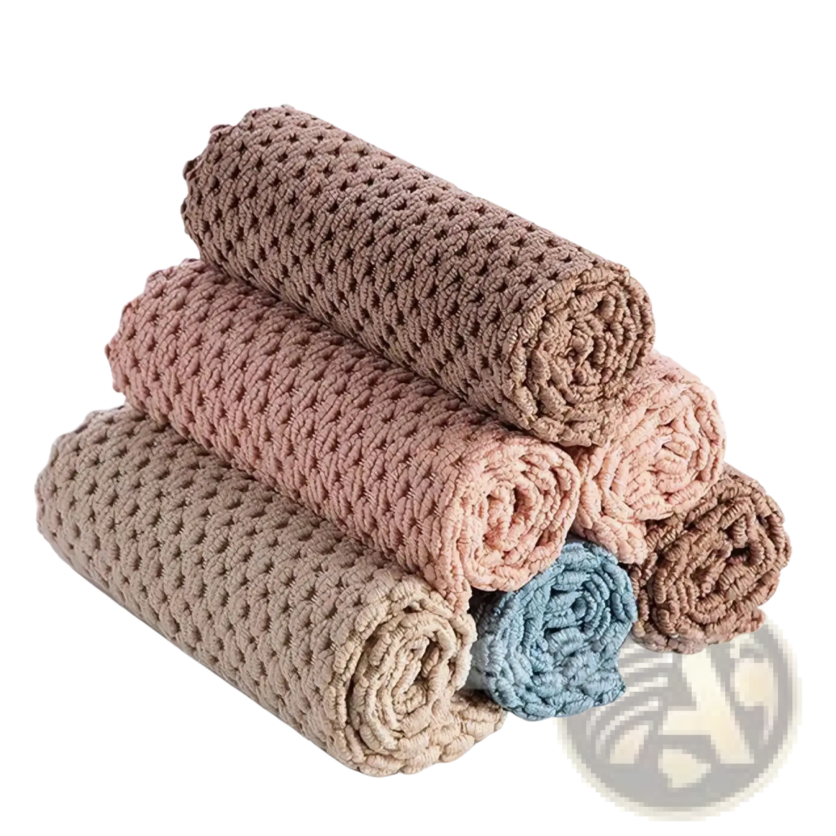 Stack of soft chunky-knit microfiber kitchen cleaning cloths in muted earth tones with one blue super absorbent rag