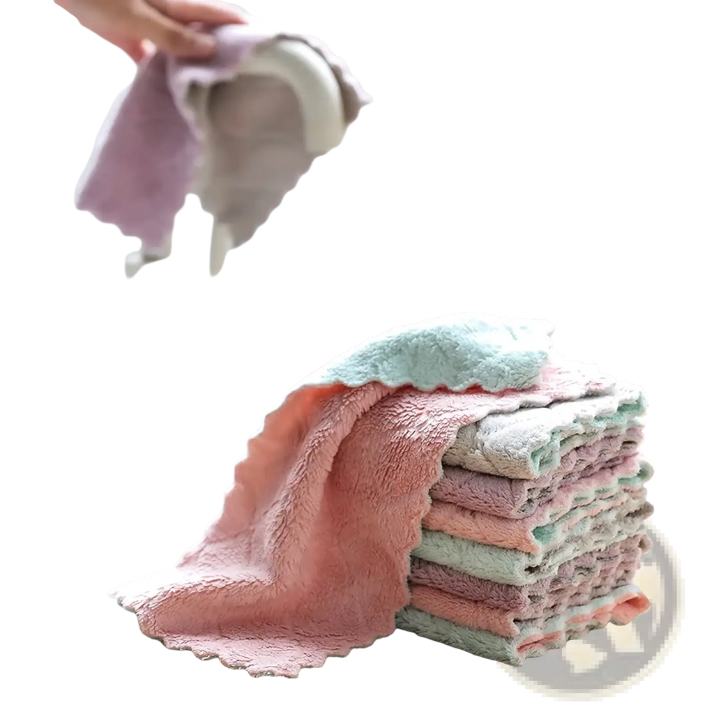 A stack of pastel pink, mint green, and lavender microfiber kitchen cleaning towels with scalloped edges