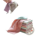 A stack of pastel pink, mint green, and lavender microfiber kitchen cleaning towels with scalloped edges