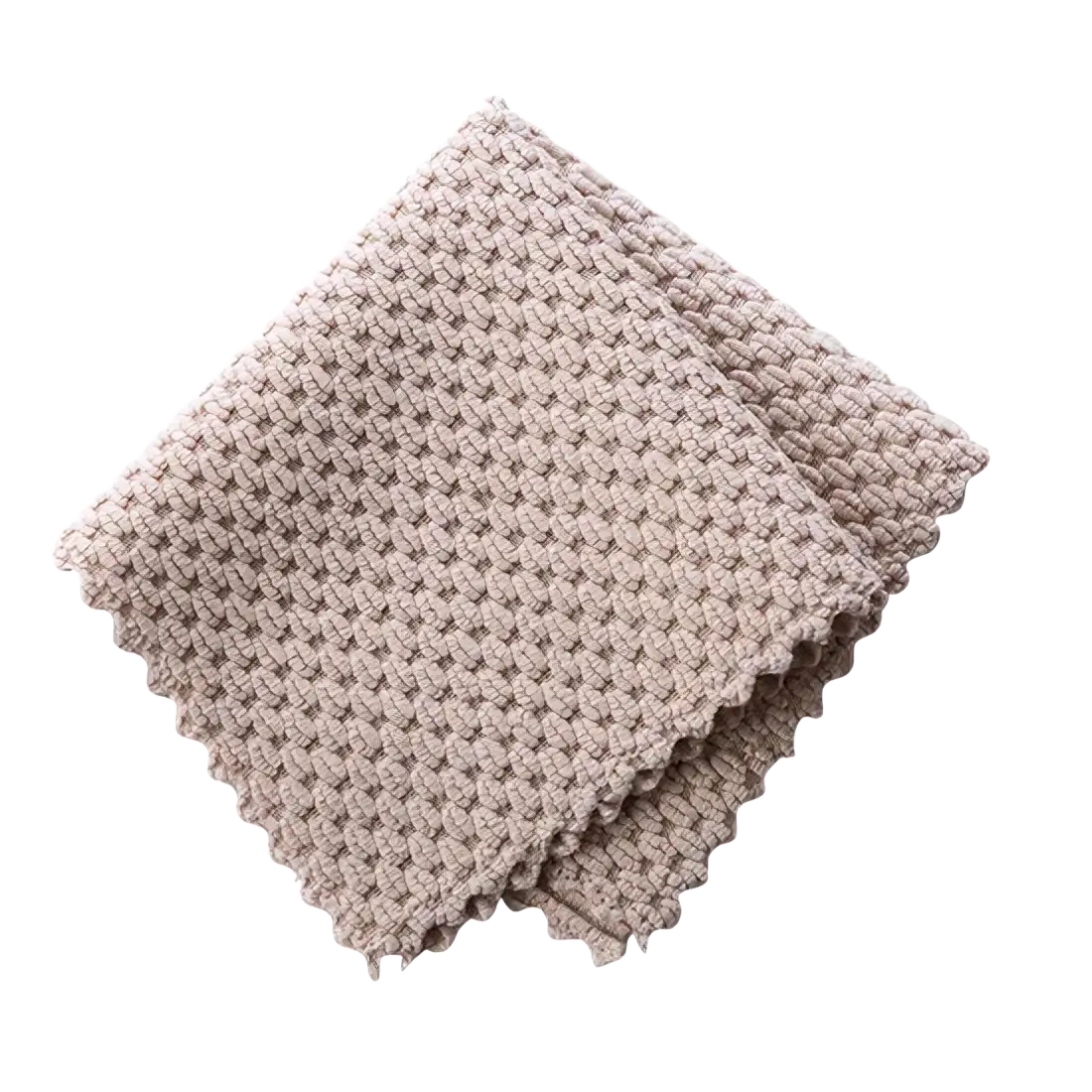 Beige microfiber kitchen cleaning towel and dish cloth with knitted textured woven pattern and scalloped edges