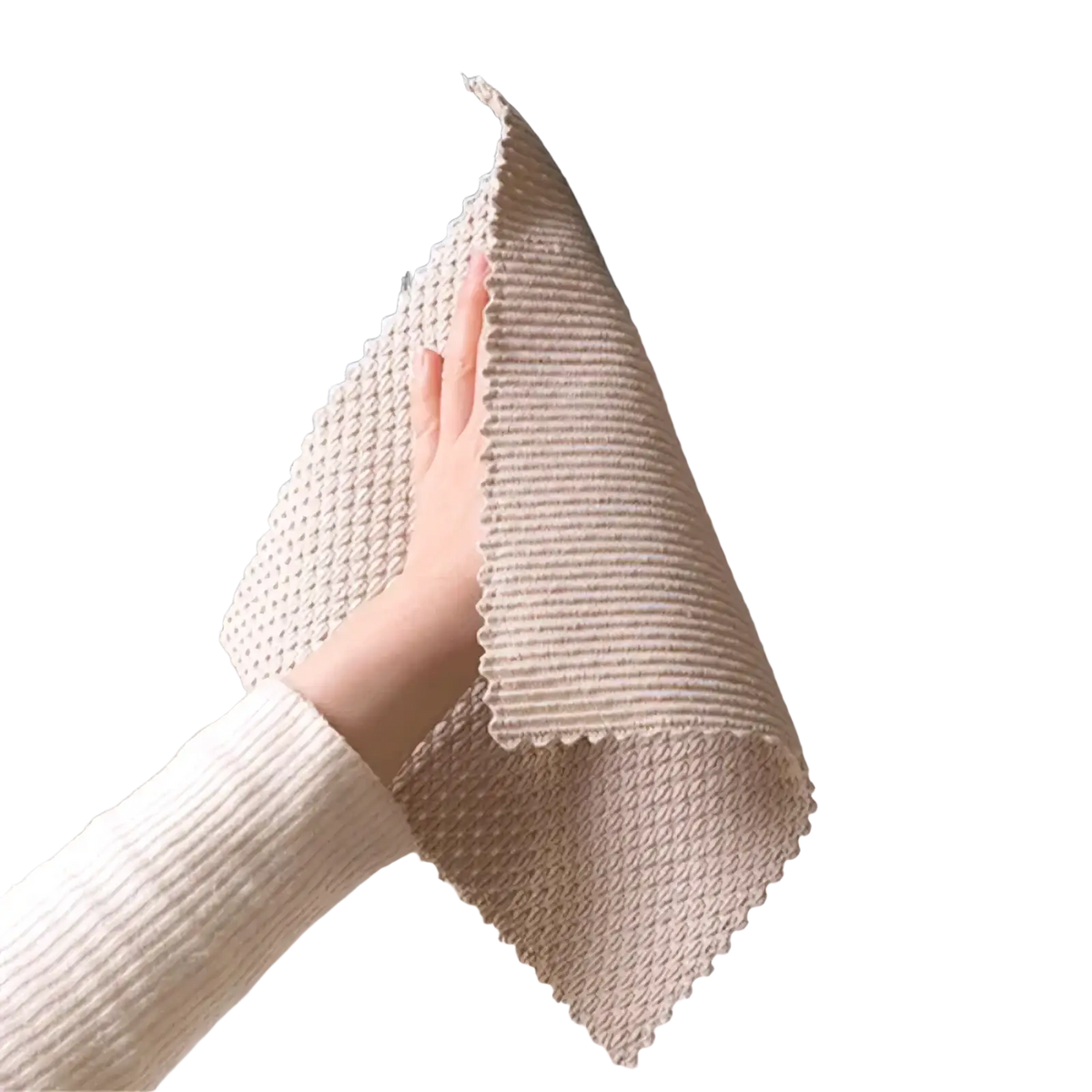 Beige microfiber kitchen cleaning towel with waffle weave texture and scalloped edges for dish cloth use