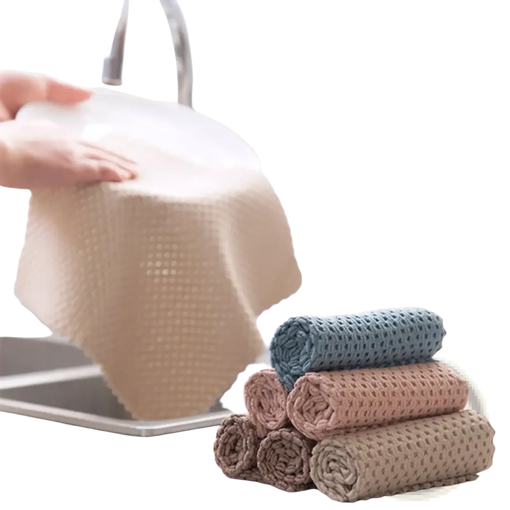 Beige microfiber kitchen cleaning towel with a woven grid-like textured pattern designed for dish cloth use
