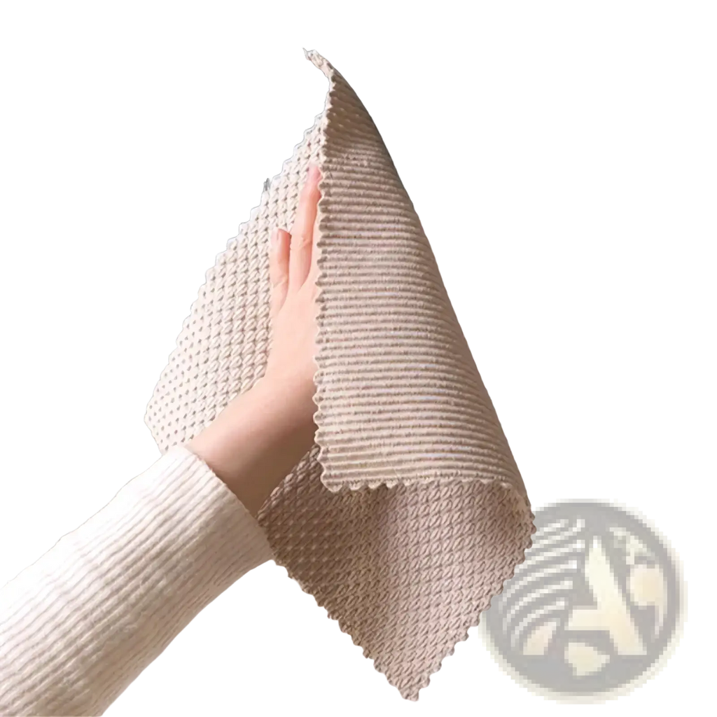 Beige microfiber kitchen cleaning towel with waffle weave texture and scalloped edges for dish cloth use