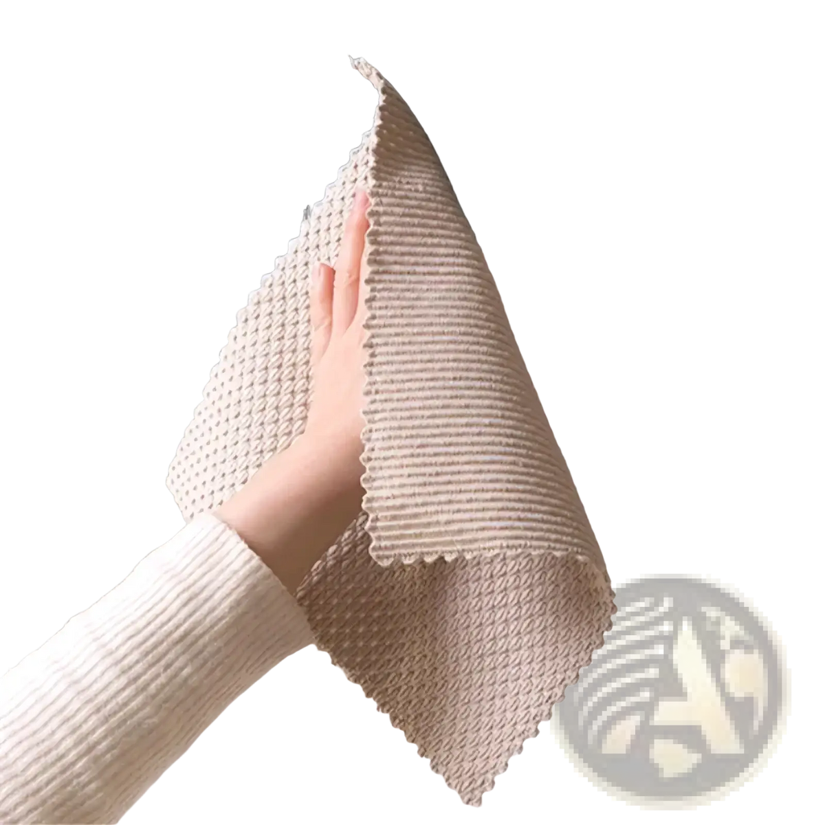 Beige microfiber kitchen cleaning towel with waffle weave texture and scalloped edges for dish cloth use