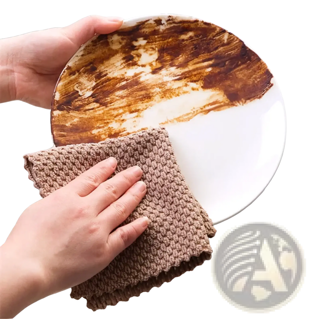 Brown knitted microfiber kitchen cleaning towel and dish cloth wiping a stained white plate