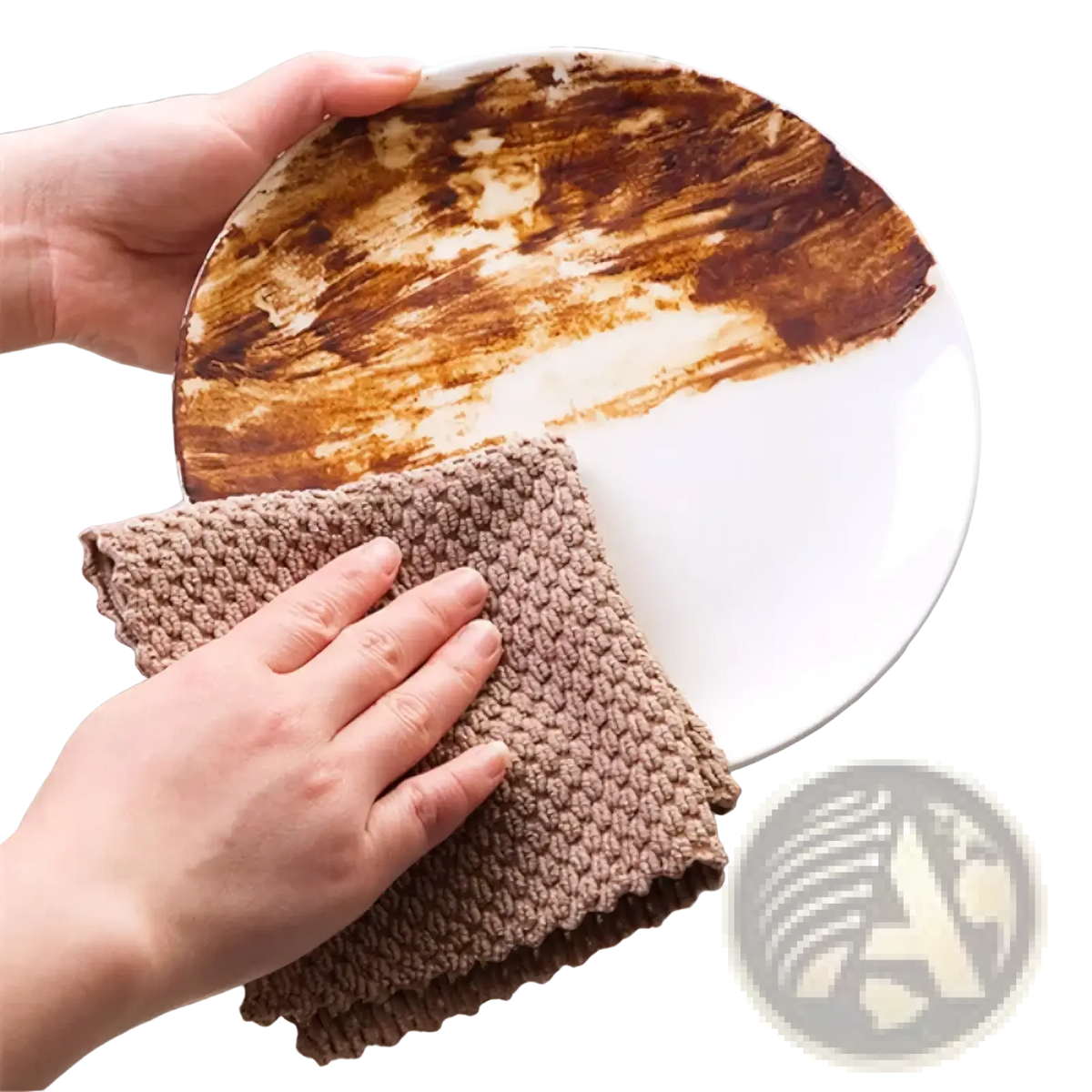 Brown knitted microfiber kitchen cleaning towel and dish cloth wiping a stained white plate