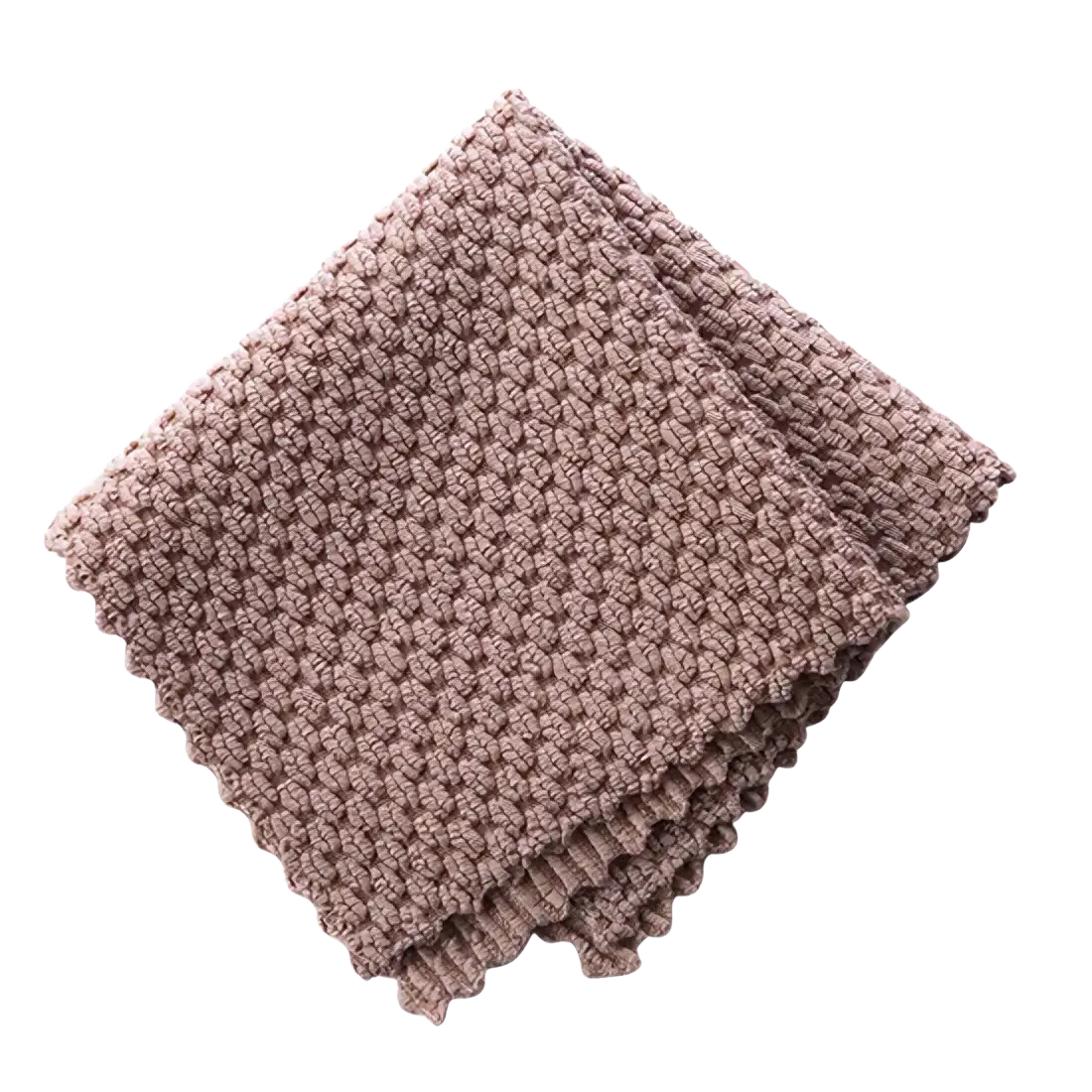 A dusty rose microfiber kitchen cleaning towel and dish cloth with a soft knitted texture and scalloped edges