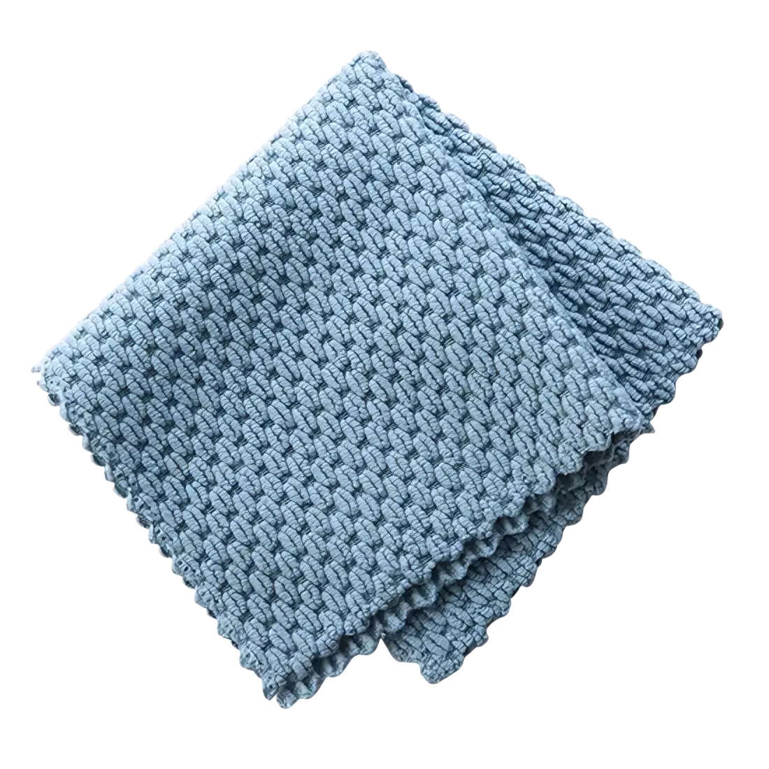 Microfiber kitchen cleaning towel and dish cloth in soft light blue knitted microfiber with textured weave and scalloped edges