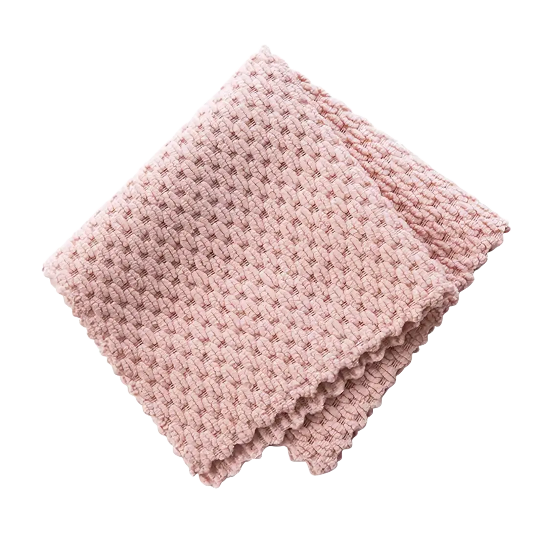 A soft pink microfiber kitchen cleaning towel and dish cloth with textured knit and scalloped edge for cleaning tasks