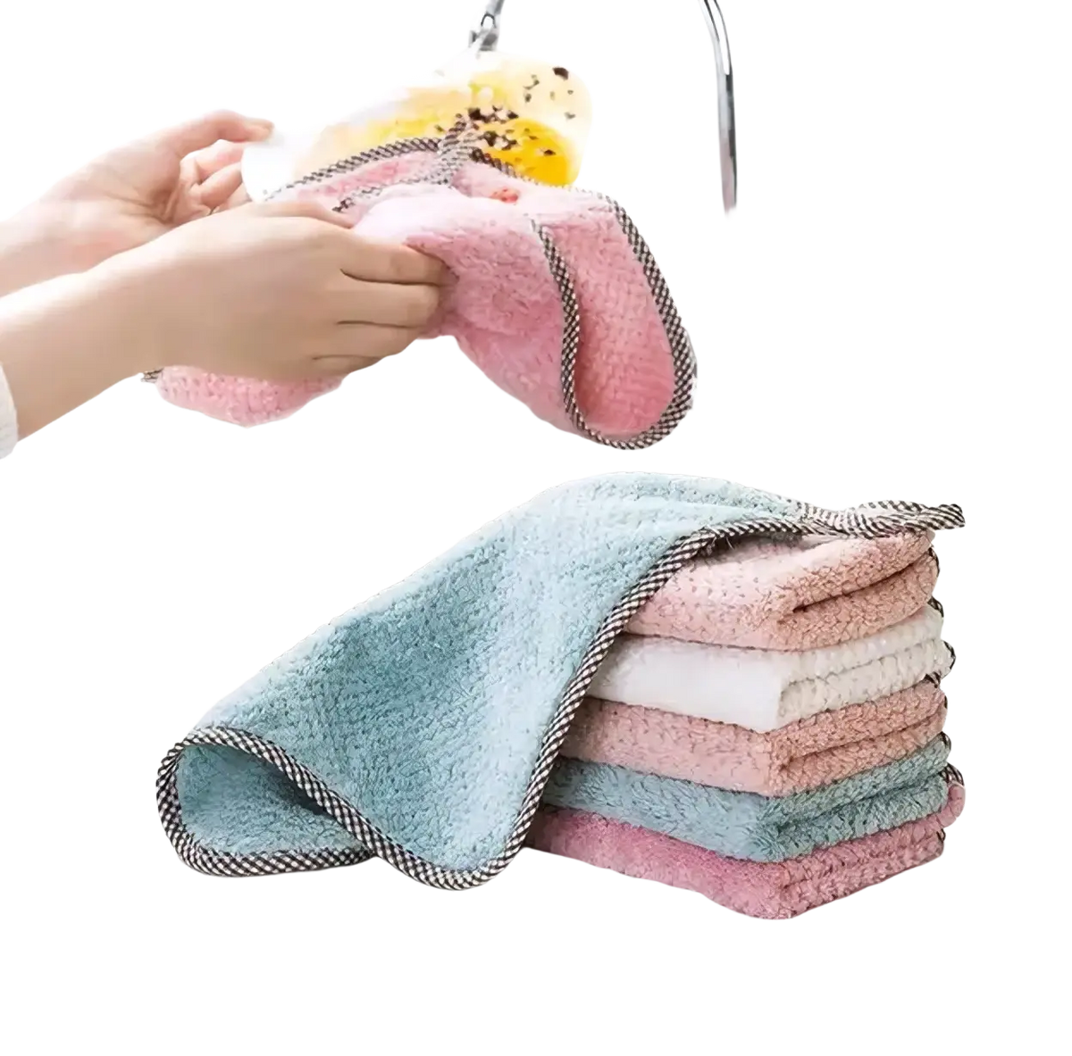 A stack of soft microfiber kitchen cleaning towels and dish cloths in pastel pink and blue with checkered edges