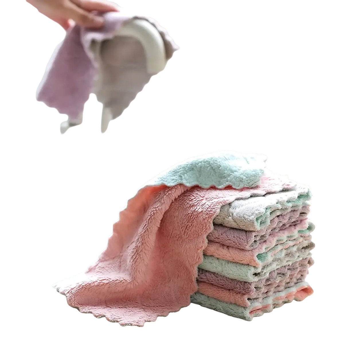 A stack of pastel pink, mint green, and lavender microfiber kitchen cleaning towels with scalloped edges