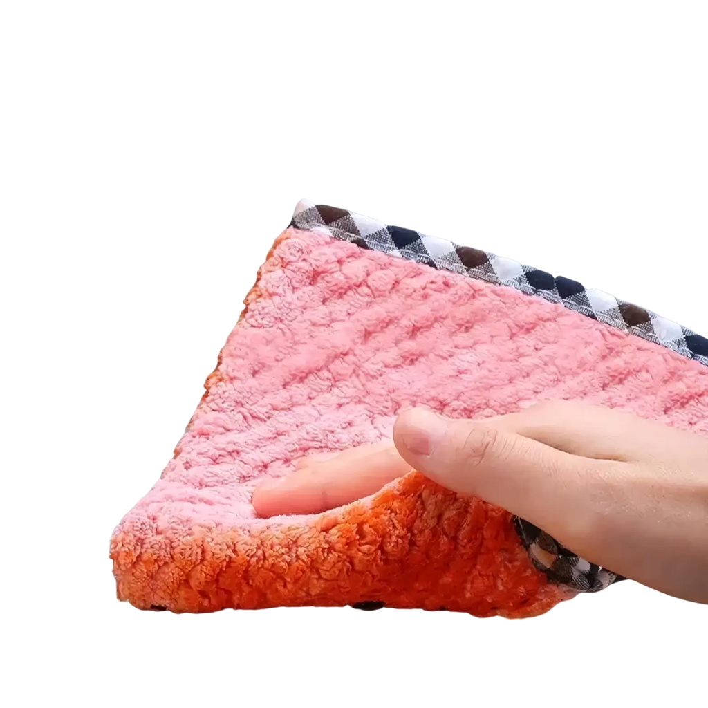 Microfiber kitchen dish cloth 10 pack featuring pink and orange plush microfiber with a checkered border