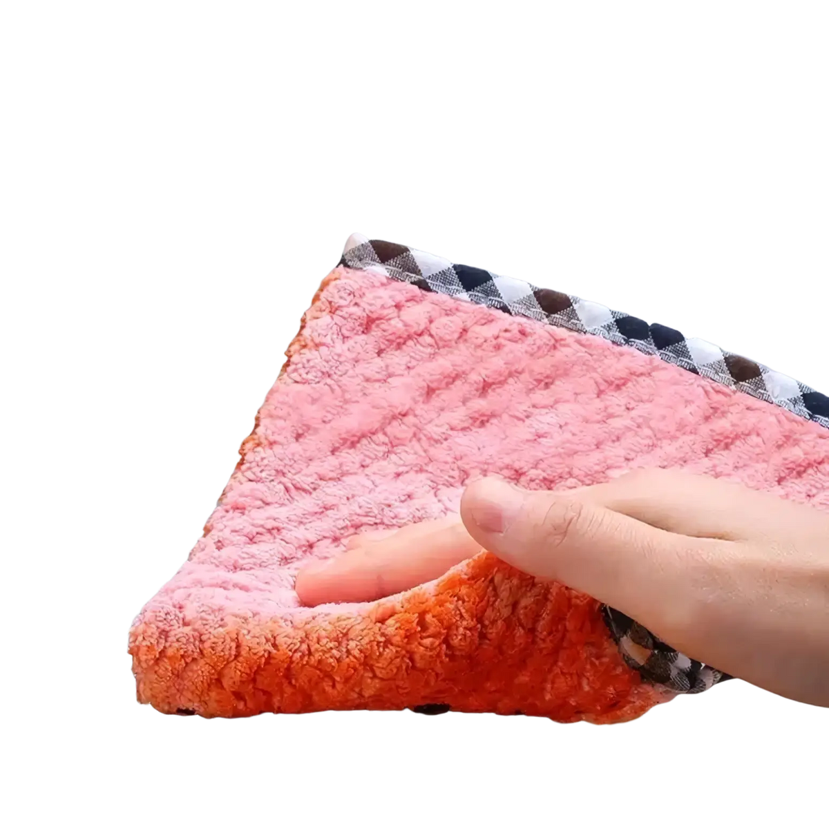 Microfiber kitchen dish cloth 10 pack featuring pink and orange plush microfiber with a checkered border