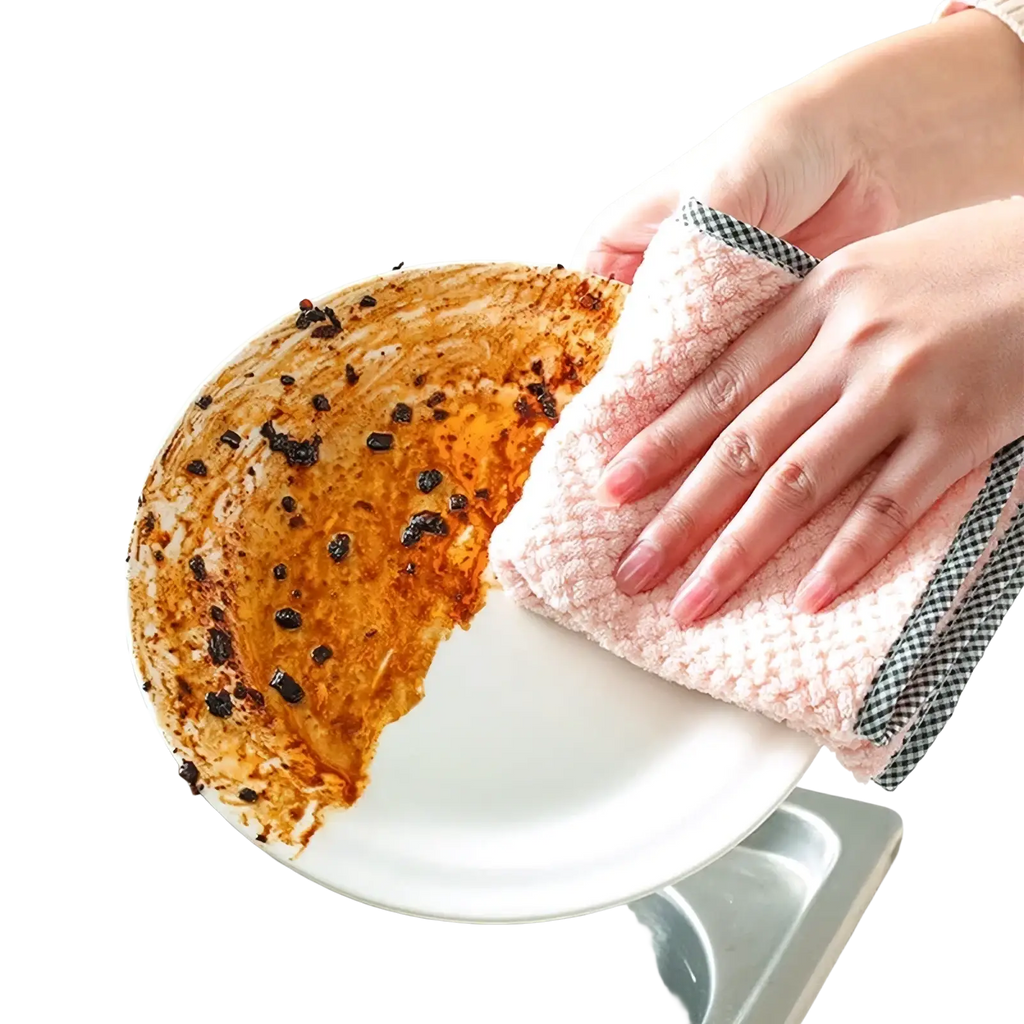 Pink microfiber kitchen dishcloth with textured surface and black and white checkered border for cleaning tasks