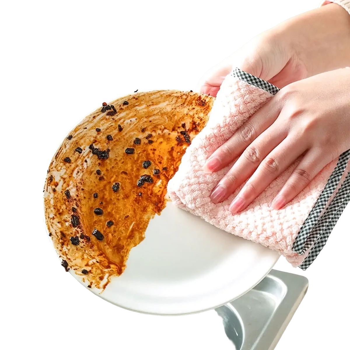 Pink microfiber kitchen dishcloth with textured surface and black and white checkered border for cleaning tasks