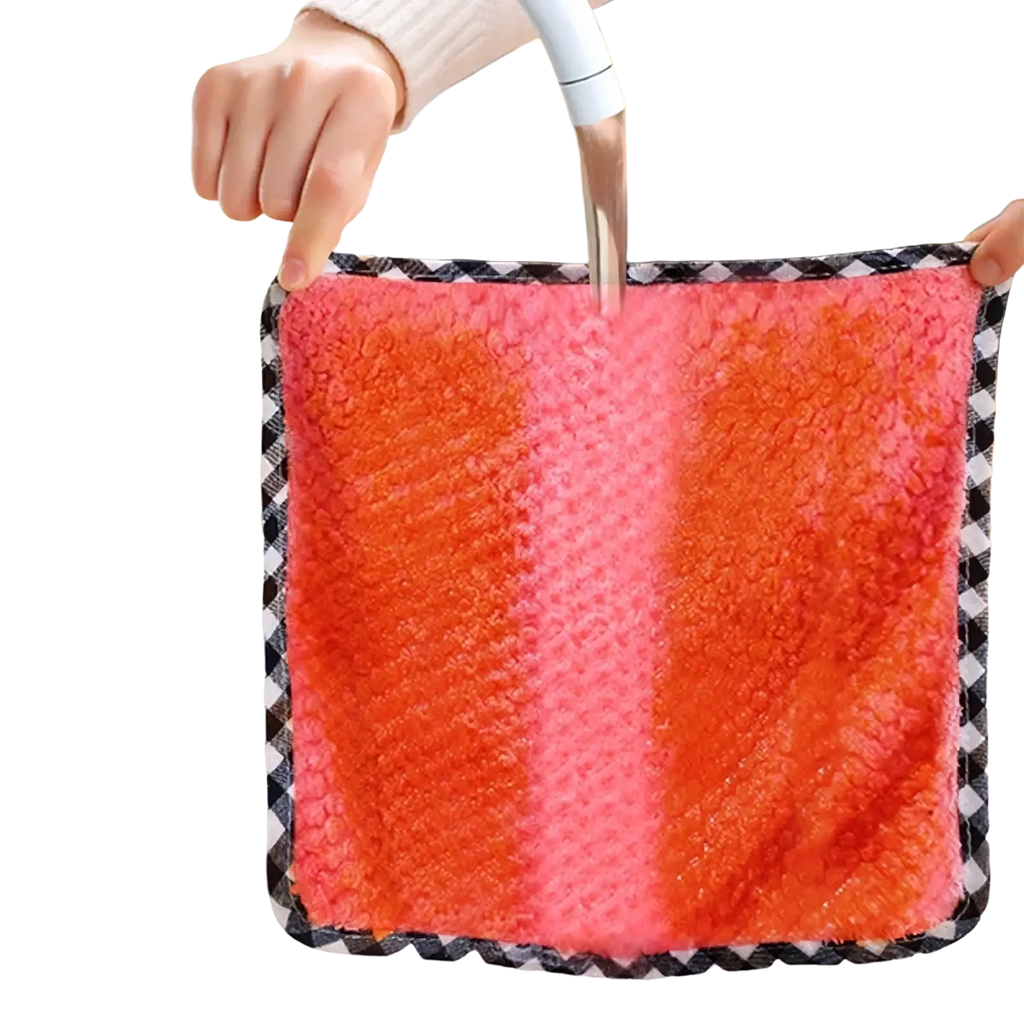 Microfiber kitchen dish cloth 10 pack vibrant pink and orange gradient with black and white checkered border under water