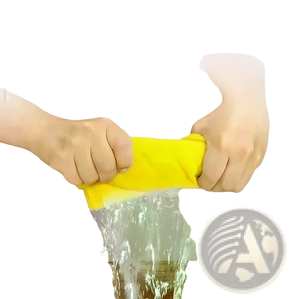 Bright yellow microfiber kitchen dishcloth being squeezed to demonstrate absorbency of reusable cleaning towel