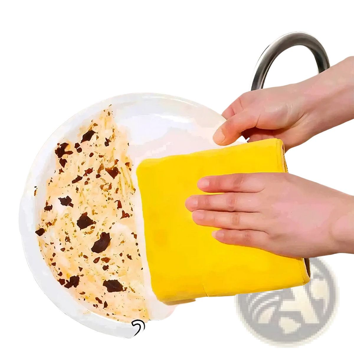 Bright yellow rectangular microfiber kitchen dishcloth reusable cleaning towel wiping a dirty plate