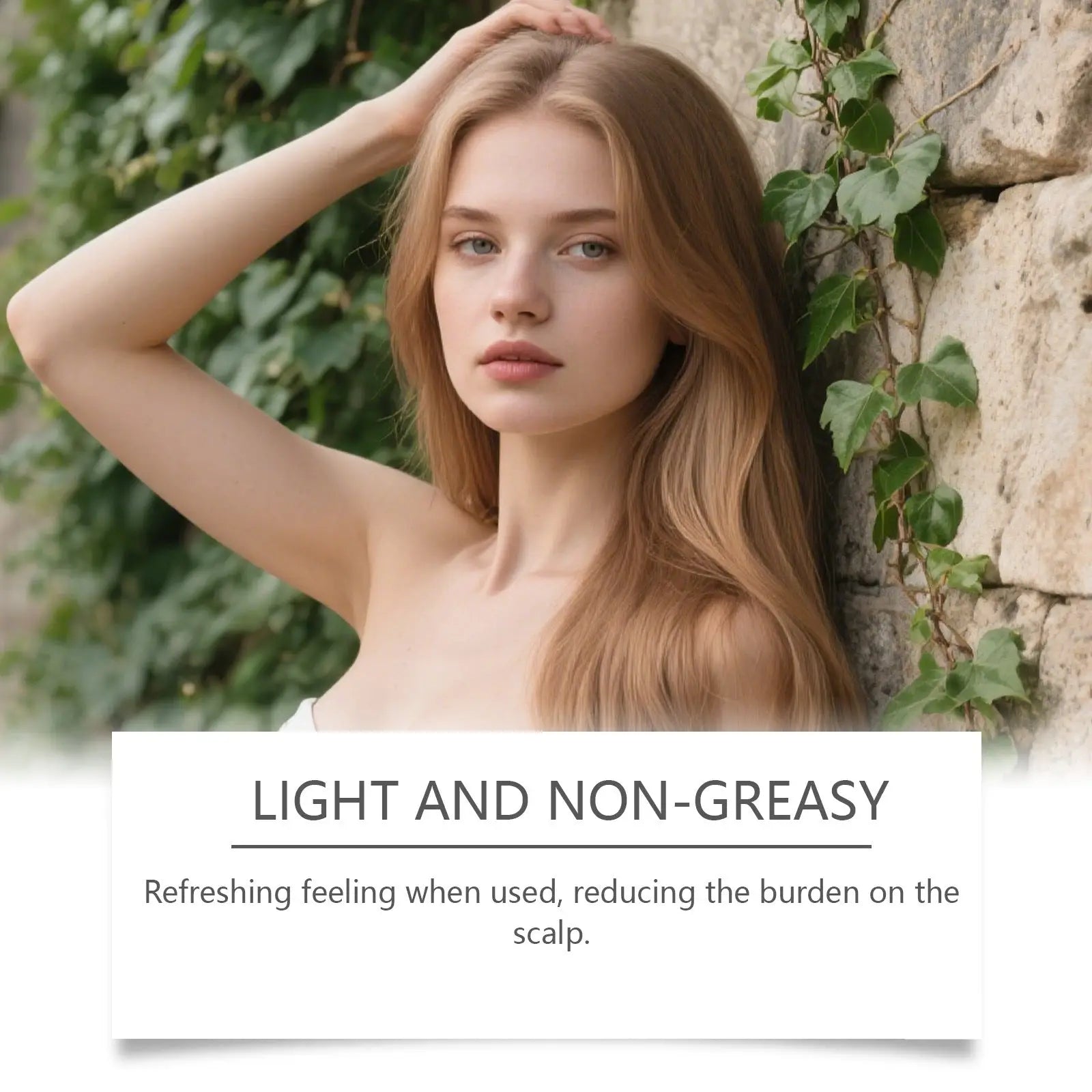 A woman with long light brown hair poses against ivy stone wall promoting microneedle hair thickening solution roller kit