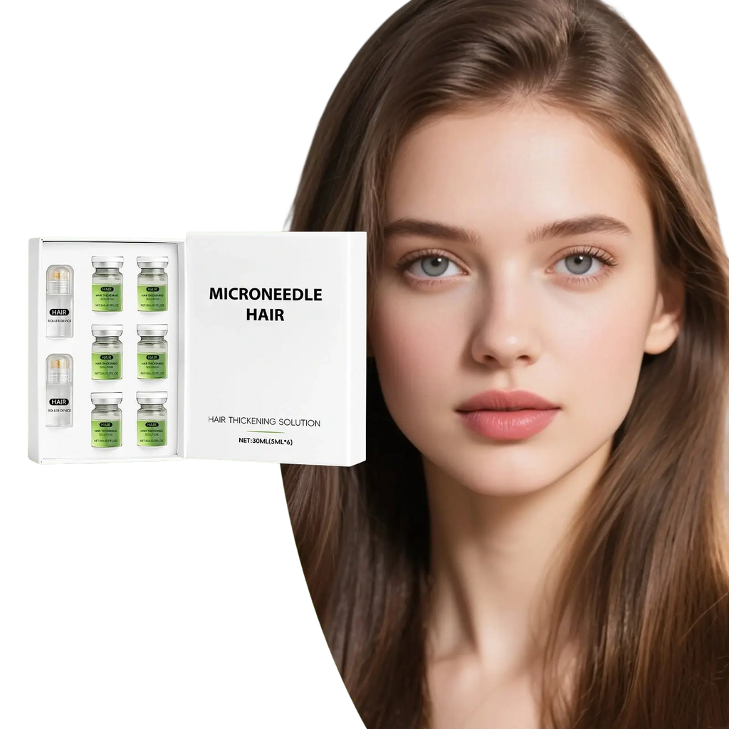 White box containing six green-labeled vials of microneedle hair thickening solution in roller kit for hair care use