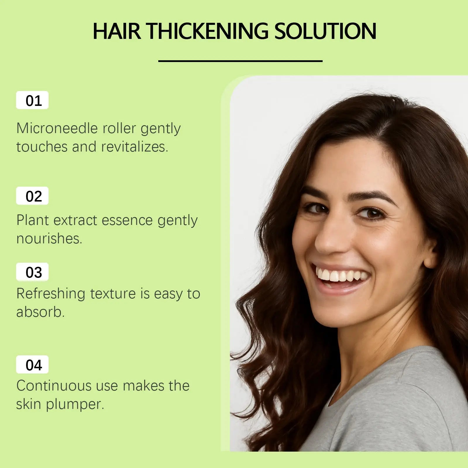 A woman with long dark brown wavy hair smiling warmly using microneedle hair thickening solution roller kit