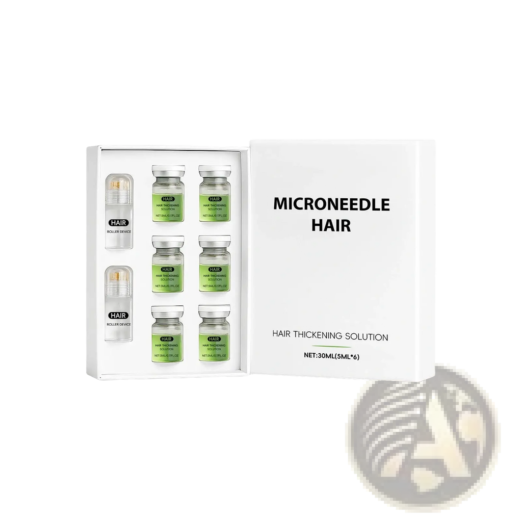 White rectangular box containing six green liquid-filled vials and two clear microneedle hair thickening solution rollers
