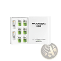 White rectangular box containing six green liquid-filled vials and two clear microneedle hair thickening solution rollers