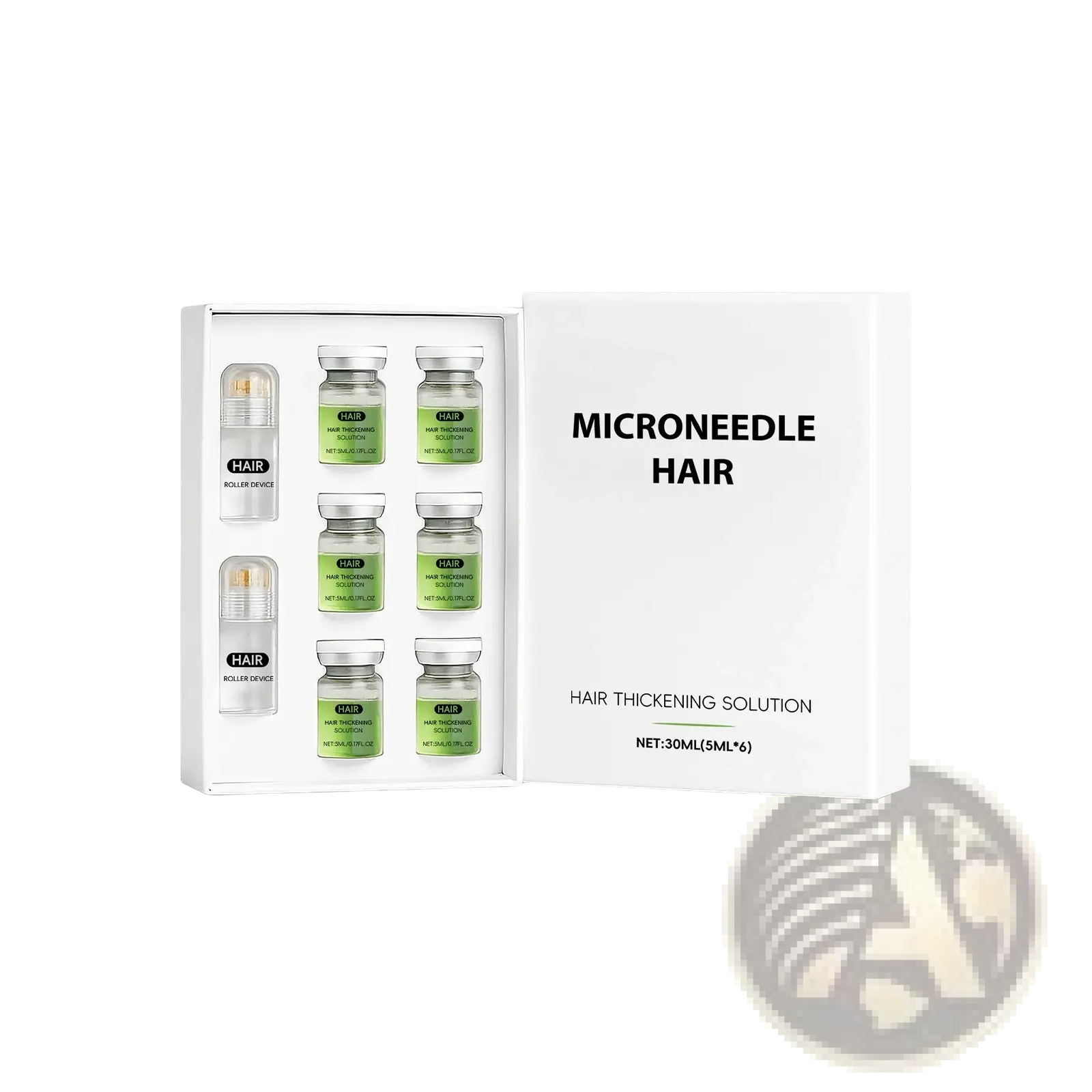 White rectangular box containing six green liquid-filled vials and two clear microneedle hair thickening solution rollers