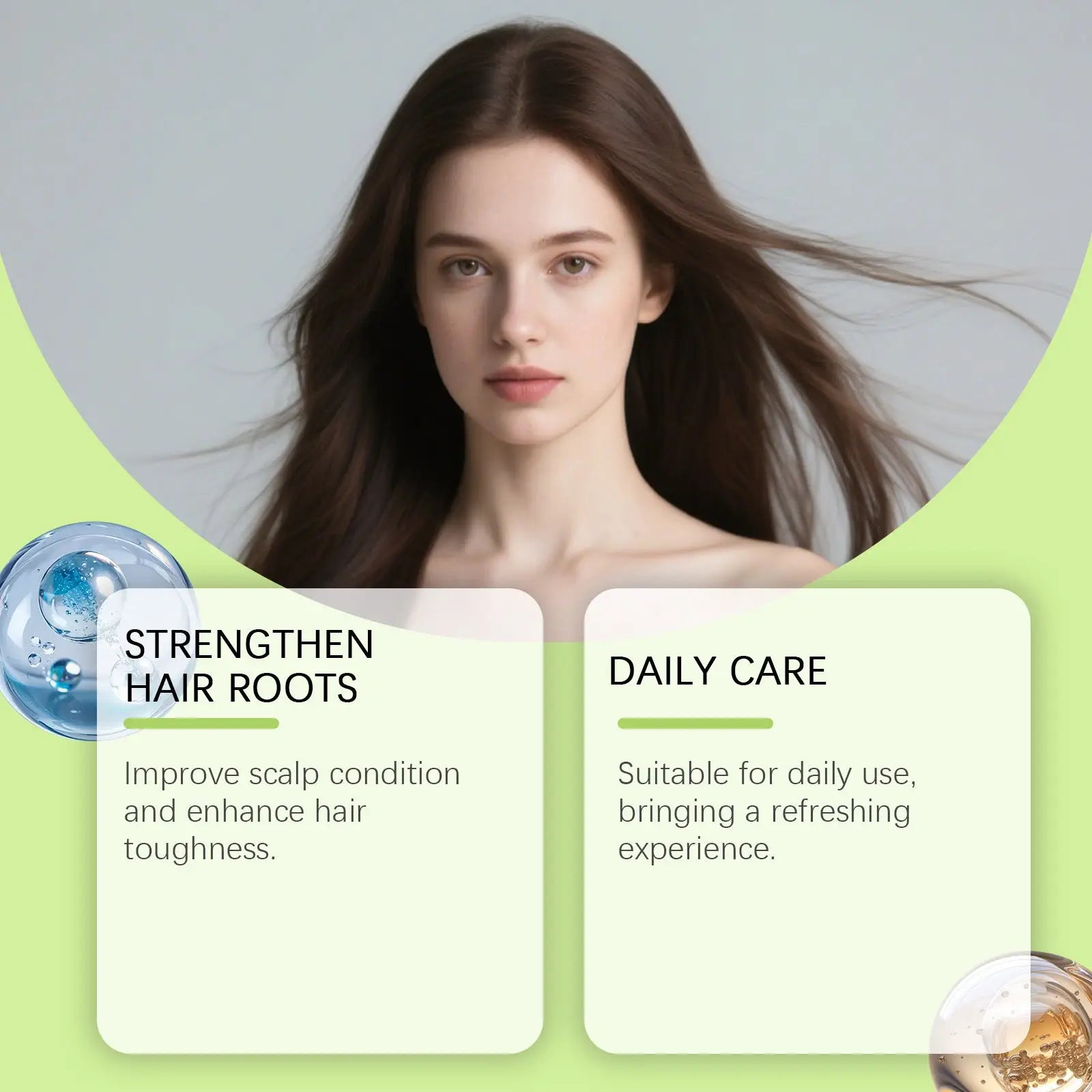 A woman with long dark brown hair shown in a circular frame on a light green background for microneedle hair thickening solution roller kit