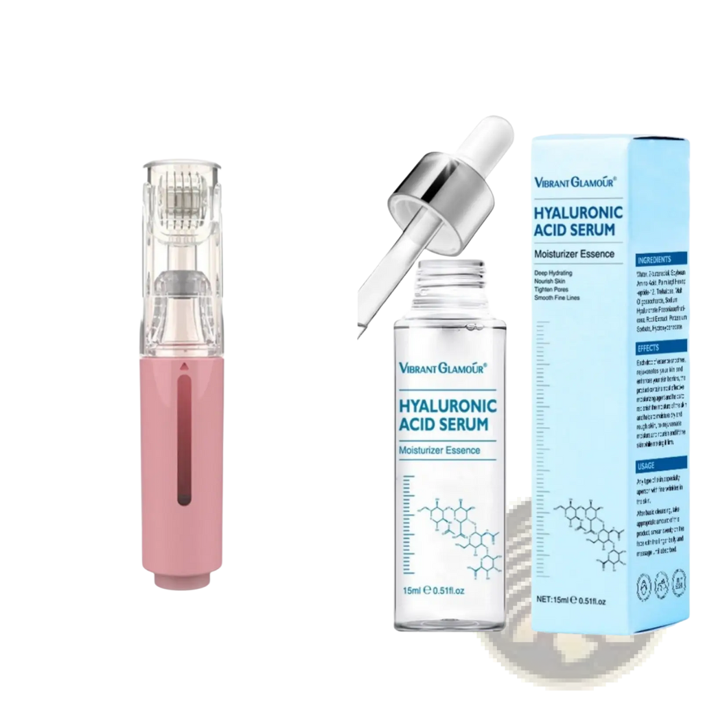 Pink handheld microneedle hydration roller with transparent top and silver hyaluronic acid serum bottle next to blue packaging