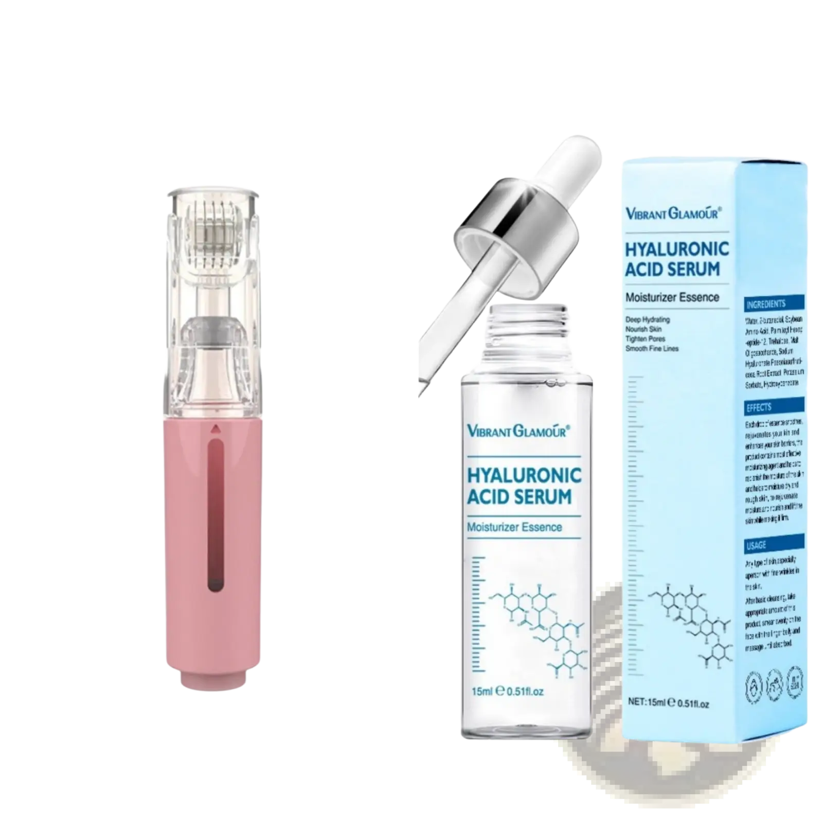 Pink handheld microneedle hydration roller with transparent top and silver hyaluronic acid serum bottle next to blue packaging