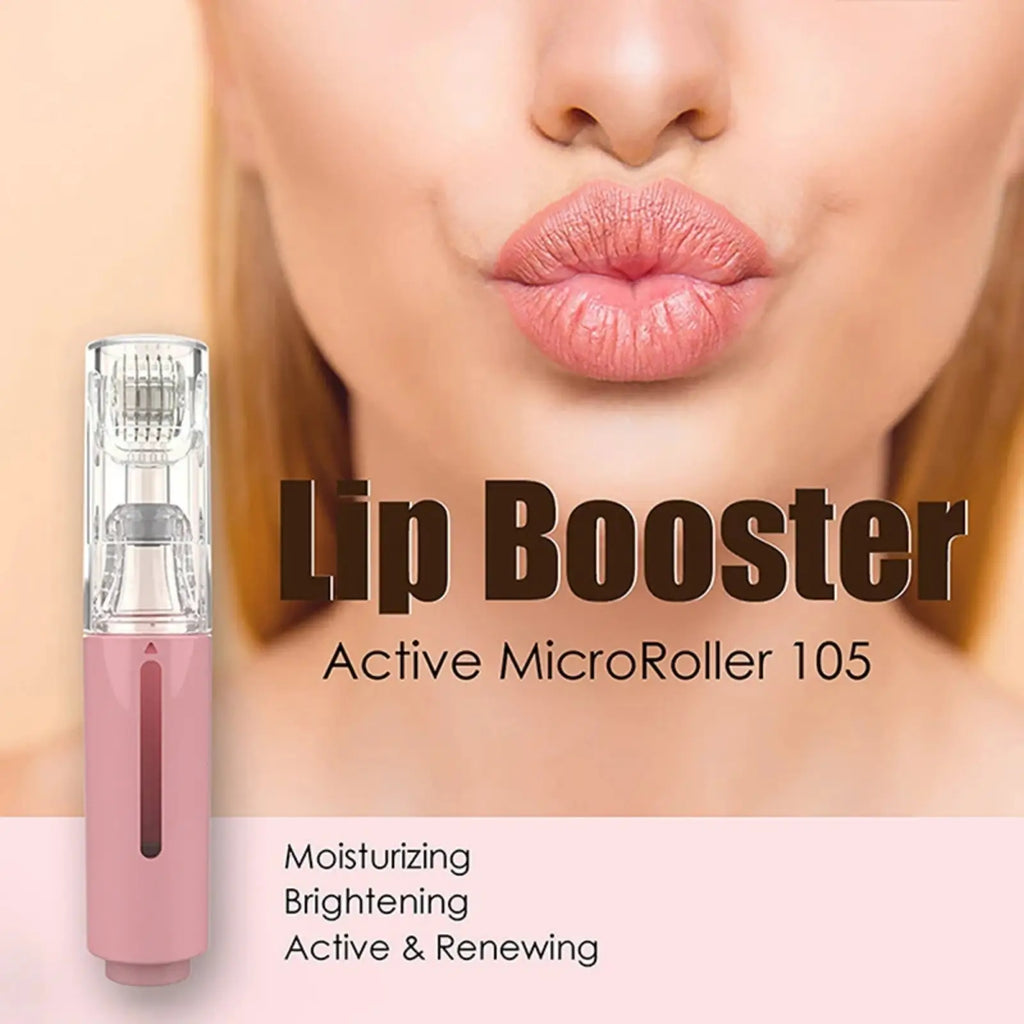 Pink handheld microneedle hydration roller with clear cylindrical head and silver micro-roller needles for lip and beard serum