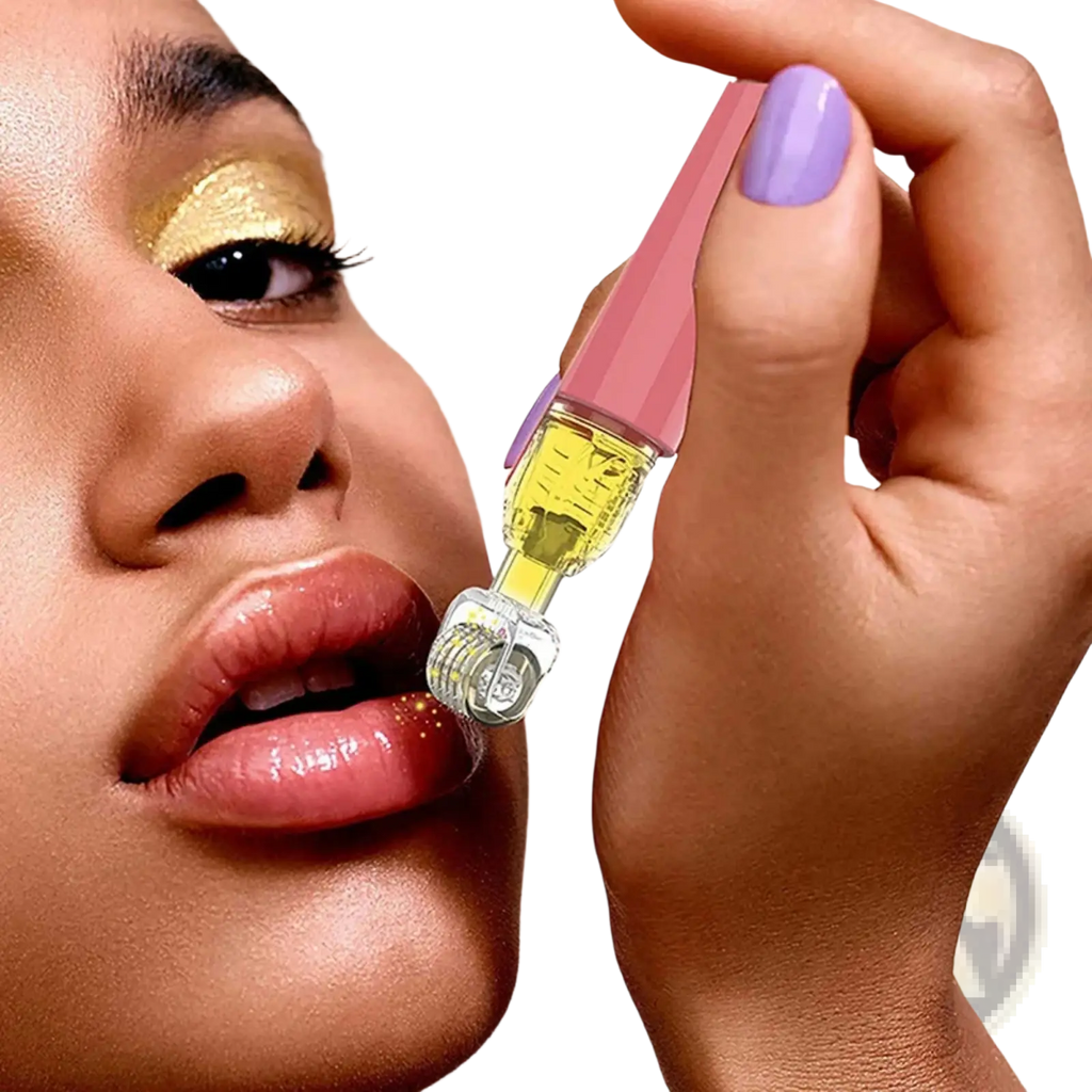 Pink-tipped lip gloss applicator with clear glass body and golden liquid for microneedle hydration roller serum