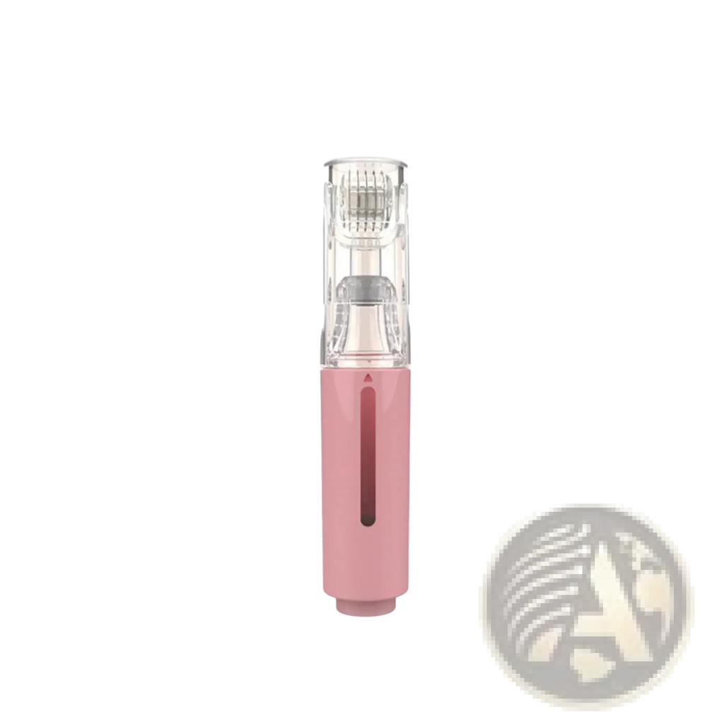 Pink microneedle hydration roller with transparent section revealing micro-needles for lip and beard serum application