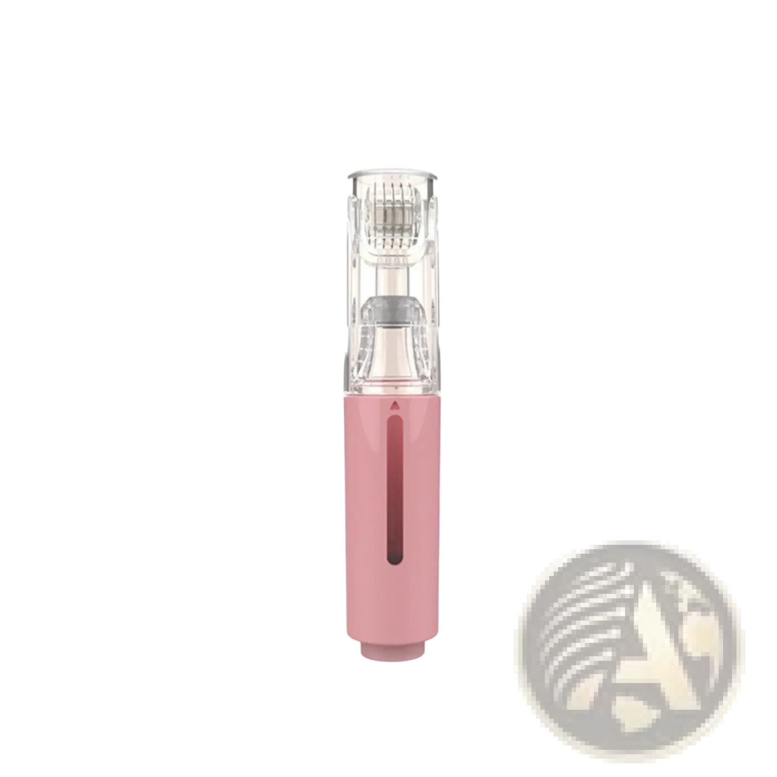 Pink microneedle hydration roller with transparent section revealing micro-needles for lip and beard serum application