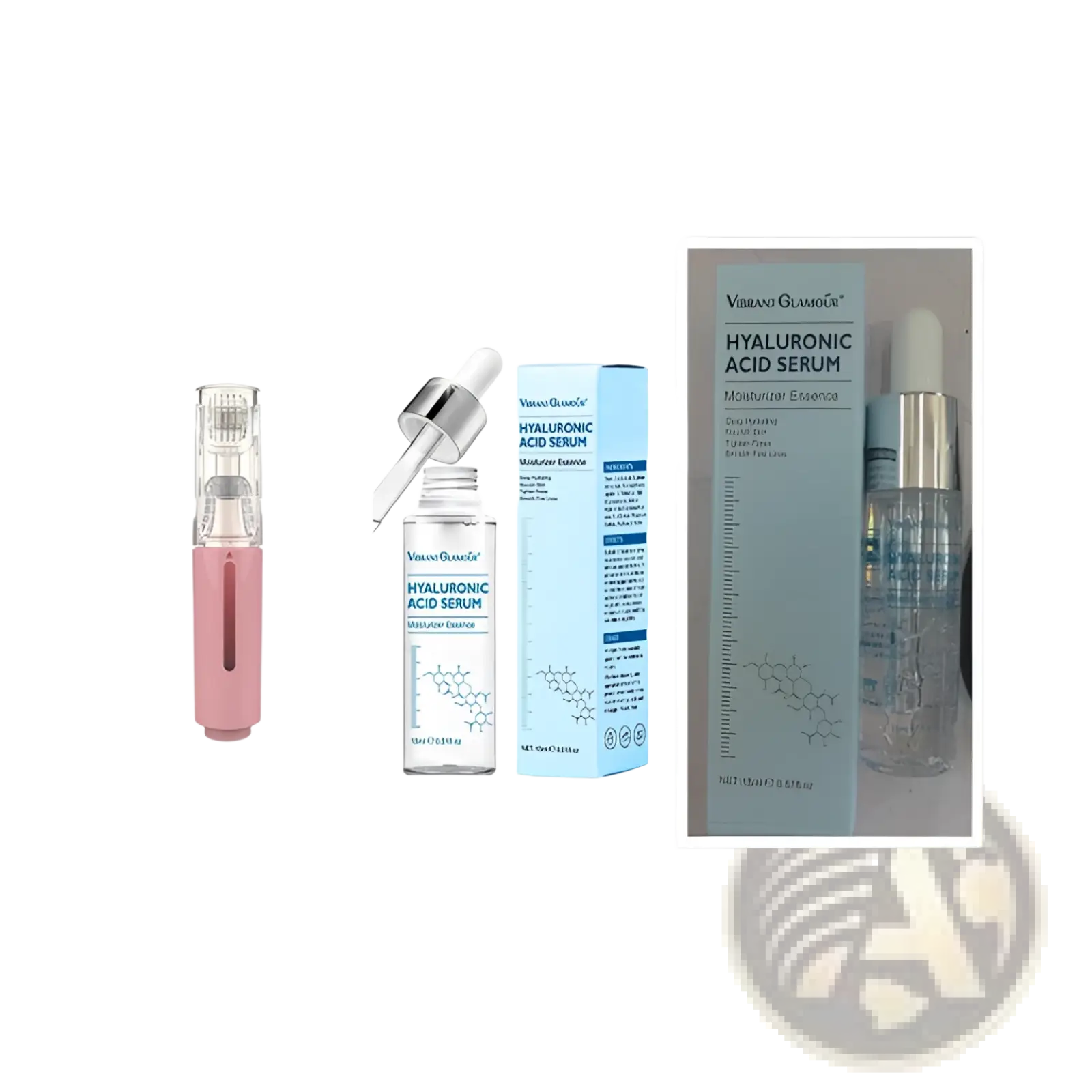 Microneedle hydration roller for lip and beard serum with pink and clear hyaluronic acid device and silver dropper cap