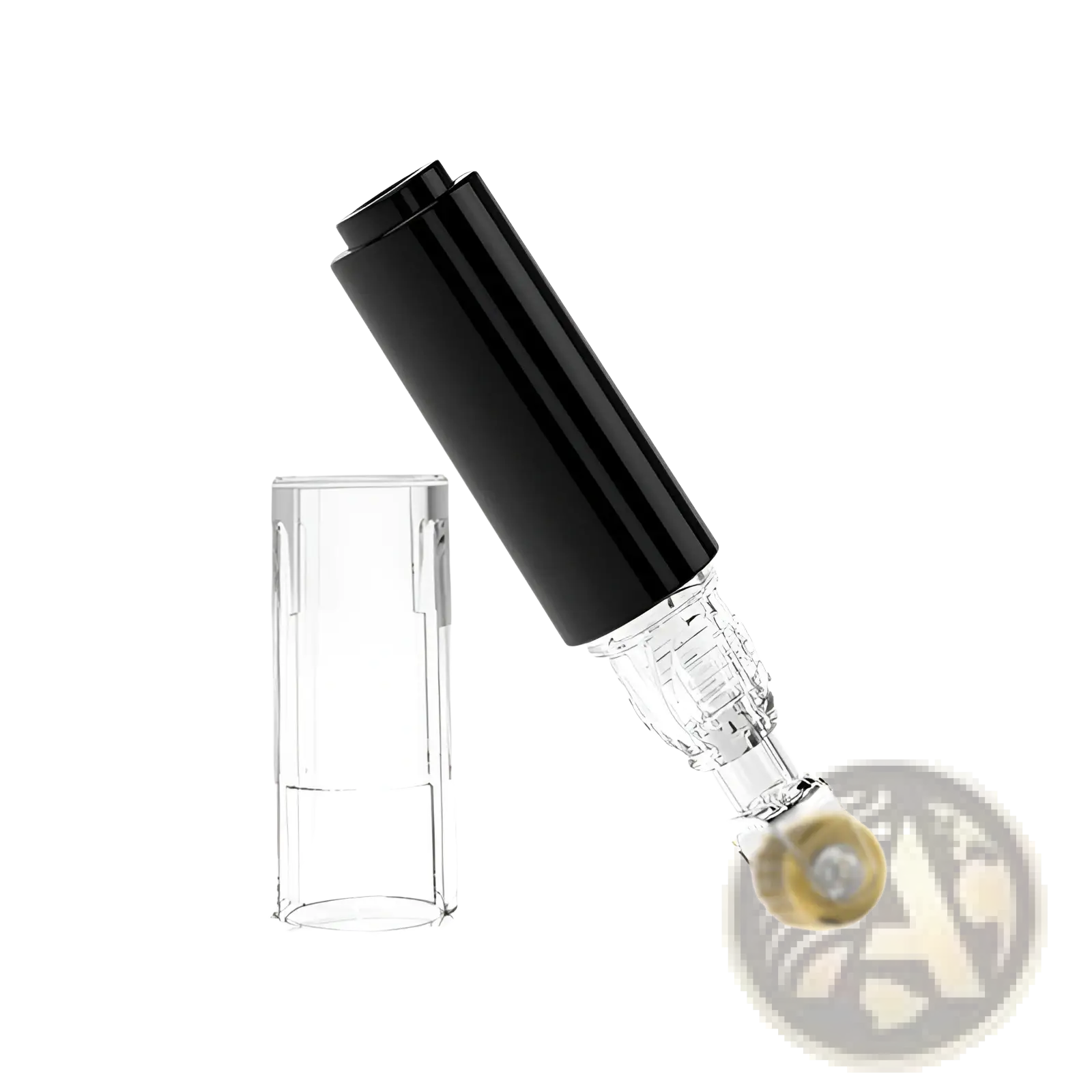 Black and clear glass microneedle lip roller with gold-colored roller for serum application and lip care use